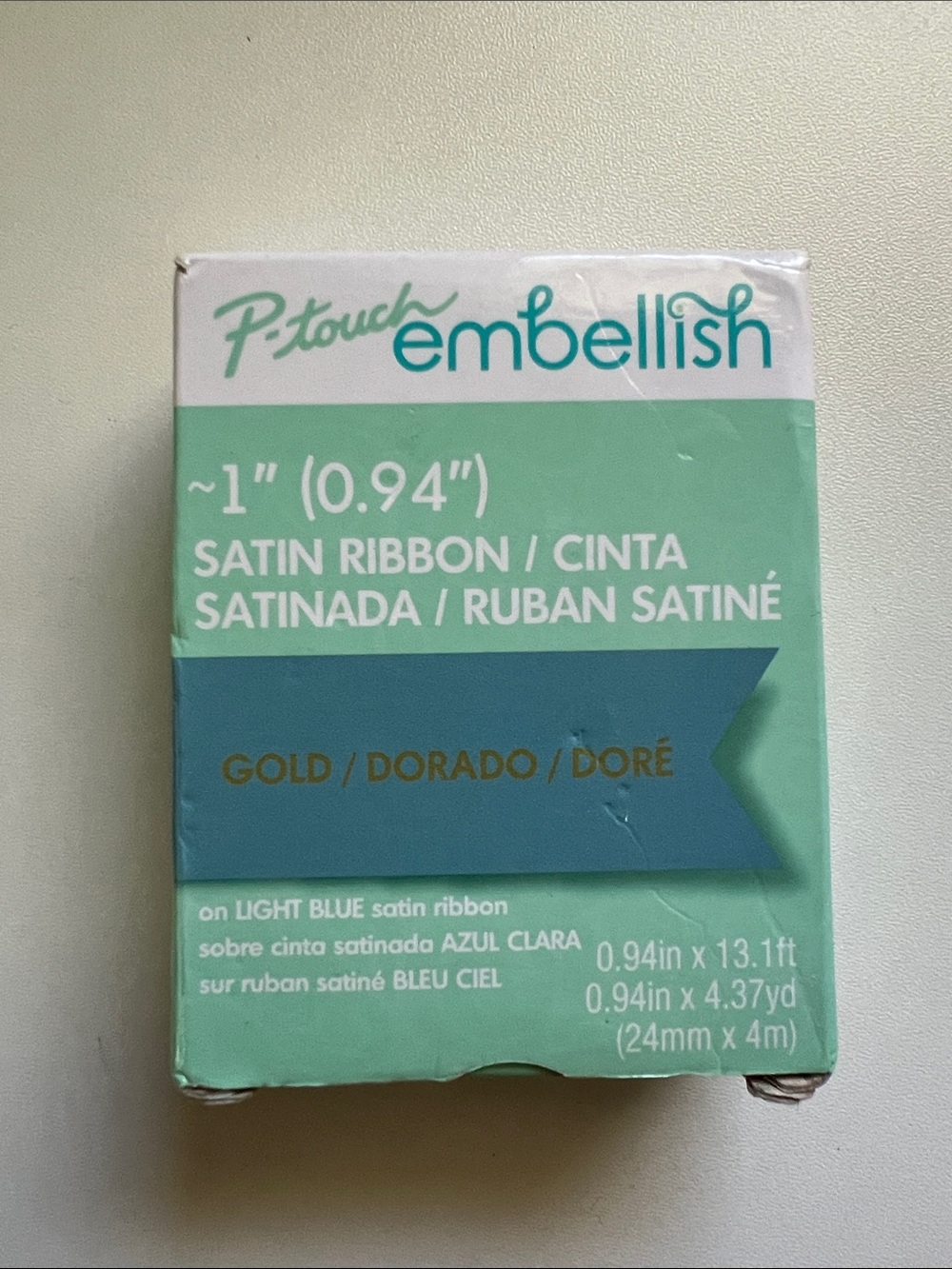 P-touch Embellish Satin Ribbon - Light Blue with Gold